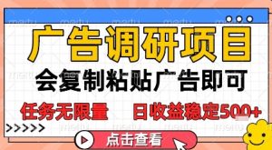 广告调研项目，会复制粘贴广告即可，任务无限量，日收益稳定5张【揭秘】