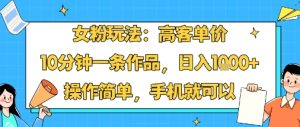 女粉玩法：高客单价，10分钟一条作品，日入1k+操作简单，手机就可以