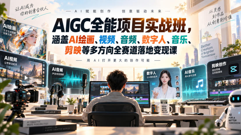 AIGC全能项目实战班，涵盖AI绘画、视频、音频、数字人、音乐、剪映等多方向全赛道落地变现课（更新）