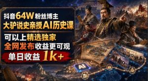 抖音64W粉丝博主大驴说史亲授AI历史课，可以上精选独家，全网发布收益更可观，单日收益1k+（更新）