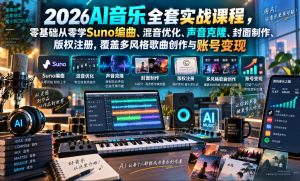 2026AI音乐实战课程，零基础从零学Suno编曲、混音优化、声音克隆、版权注册，覆盖多风格歌曲创作与账号变现