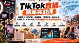TikTok直播精品实战课，详解平台生态红利、设备筹备、流量权重、对标拆解、起号打标、GMV提升，零基础精通海外直播带货全链路