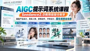 AIGC提示词系统课程，Seedance2.0商用级指令教学，覆盖产品设计、真实人物、表情动作、字体设计、图生视频全场景