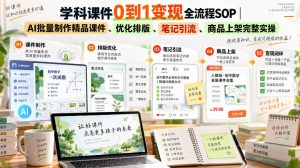 学科课件0到1变现全流程SOP｜AI批量制作精品课件、优化排版、笔记引流、商品上架完整实操