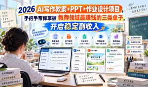 2026 AI写作教案+PPT+作业设计项目，手把手带你掌握教师领域最賺钱的三类单子，开启稳定副收入